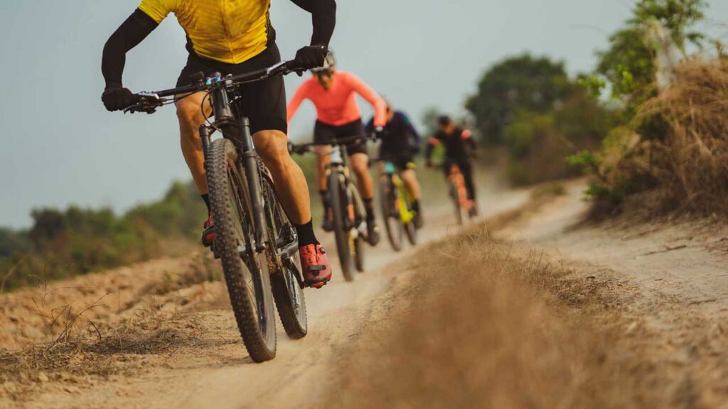 A row of mountain bikers on a dirt road