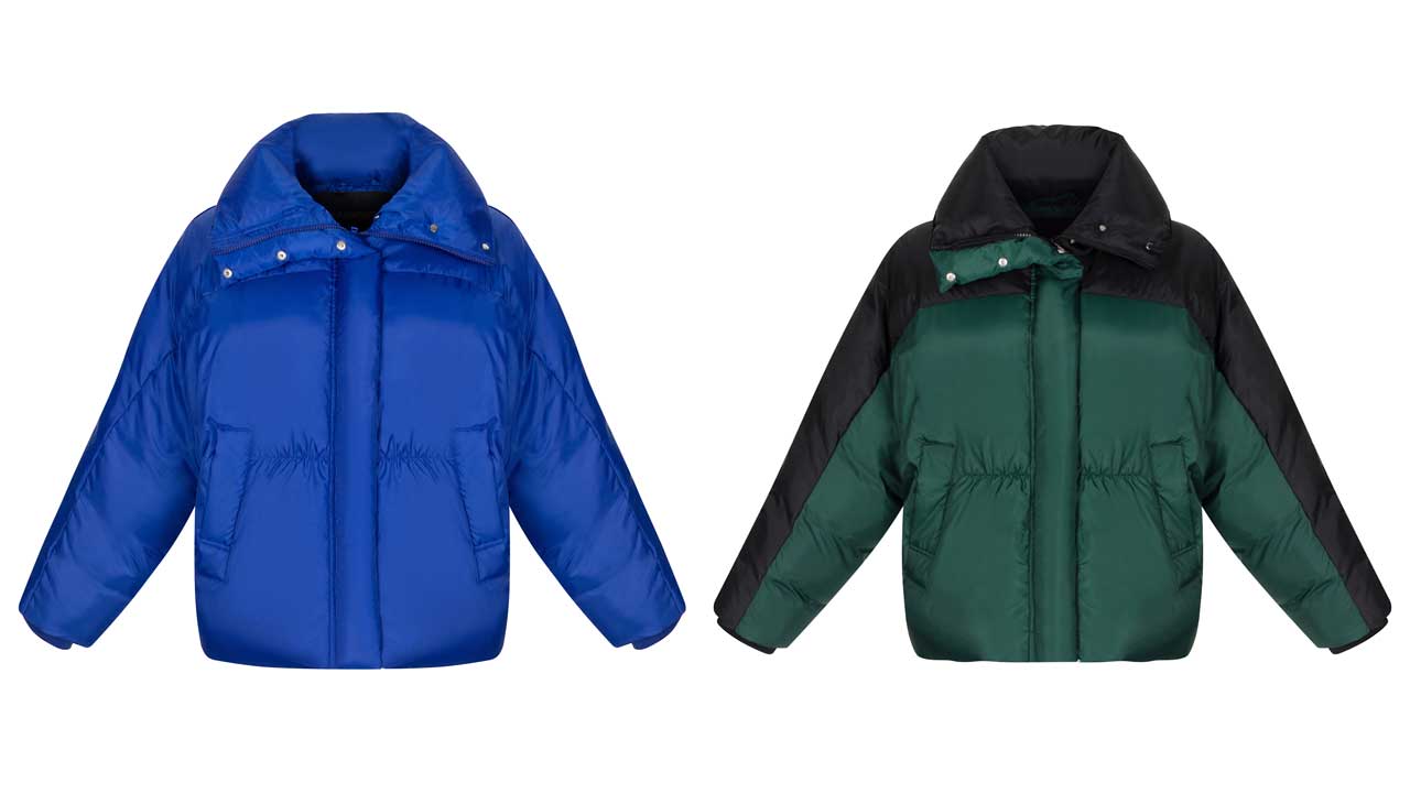 A blue and green ski jacket rental with high collars and clipping paths on a pure white background
