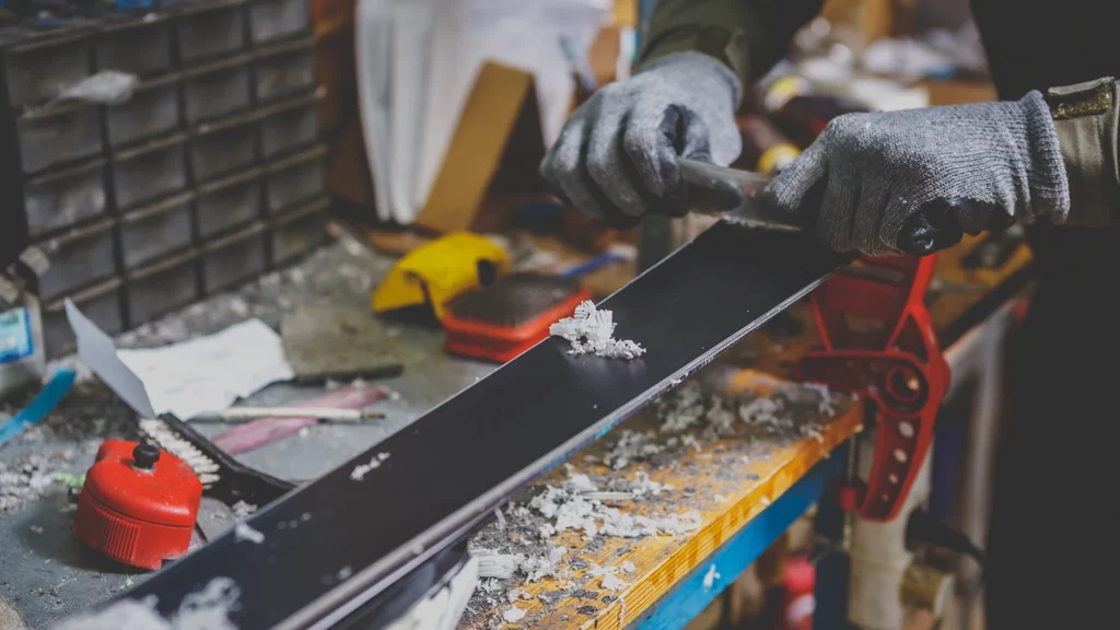 A male worker in a ski service workshop repairs the sliding surface of the skis.