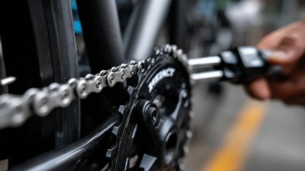 Closeup of mans hand repairing bicycle chain with tool outdoors