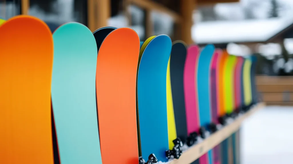 Vibrant snowboard rental shop at a ski resort rows of colorful boards neatly lined up racks filled with gear snow-covered mountains visible through the window bustling winter energy