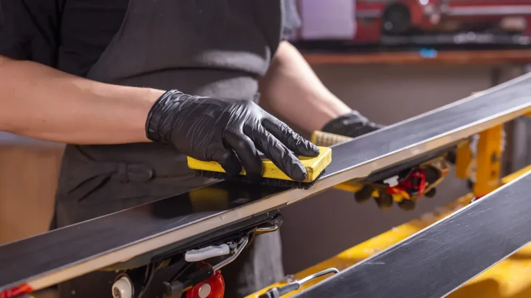 A repairman working in a ski repair shop,