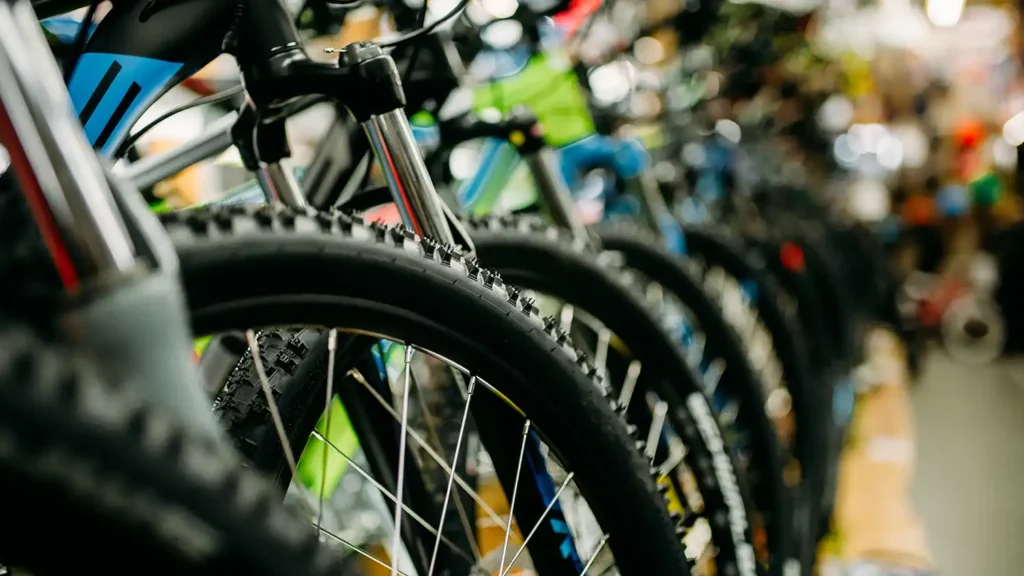 front tires of bikes lined up in a bike rental shop